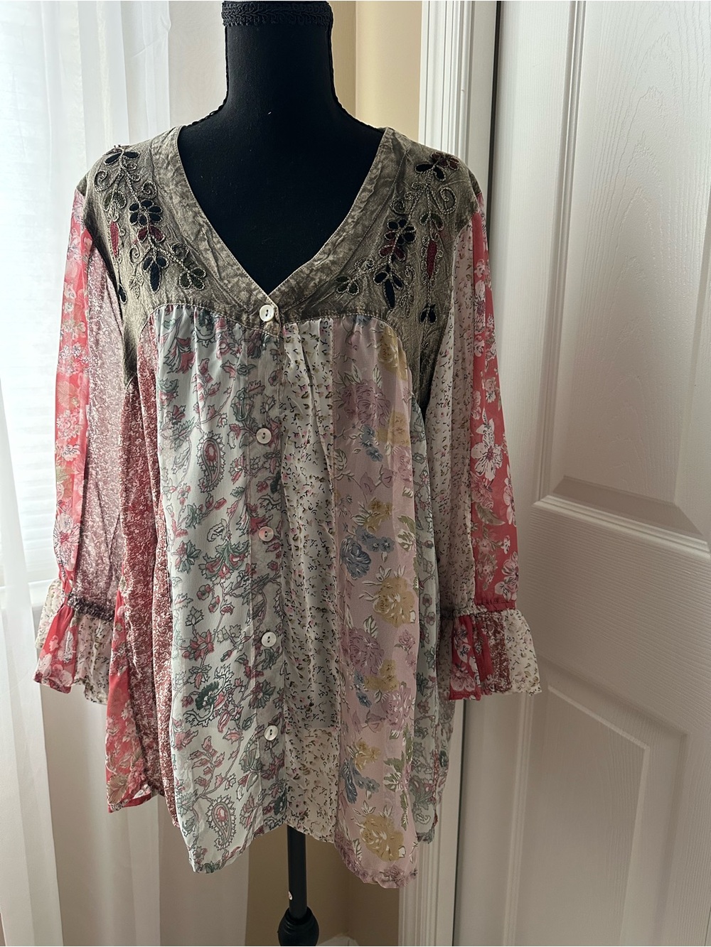 NWOT Young Threads Floral Patchwork Button-Front Blouse - Pink Multi
